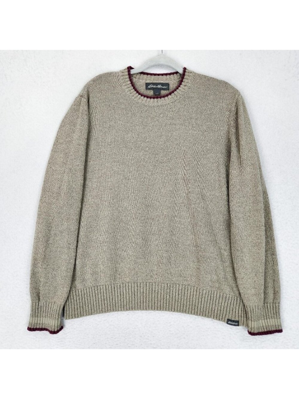 Eddie Bauer Sweater Mens Large Beige 100% Cotton Crewneck Knit Pullover